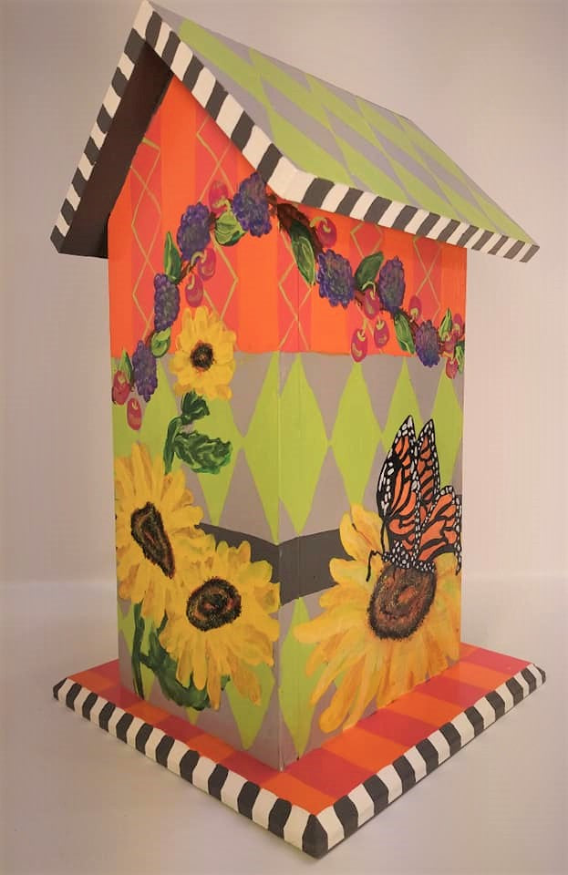 Birdhouse with Sunflowers, Blackberries and Butterflies